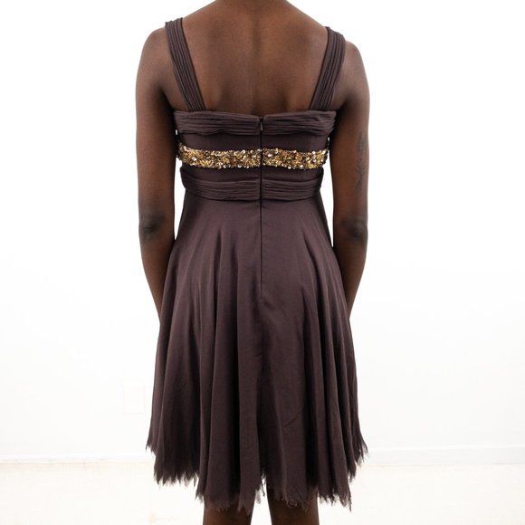 Vintage Y2K XS Silk Beaded Mini Party Dress Brown - Picture 5 of 9
